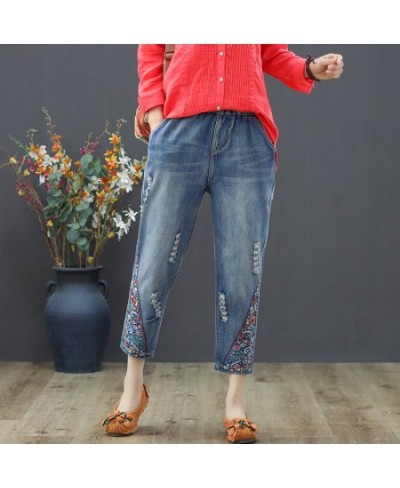 Vintage Floral Embroidered Ripped Jeans For Women High Waist Jeans Female Loose Denim Pants Capris Vaqueros Mujer $61.77 - Jeans