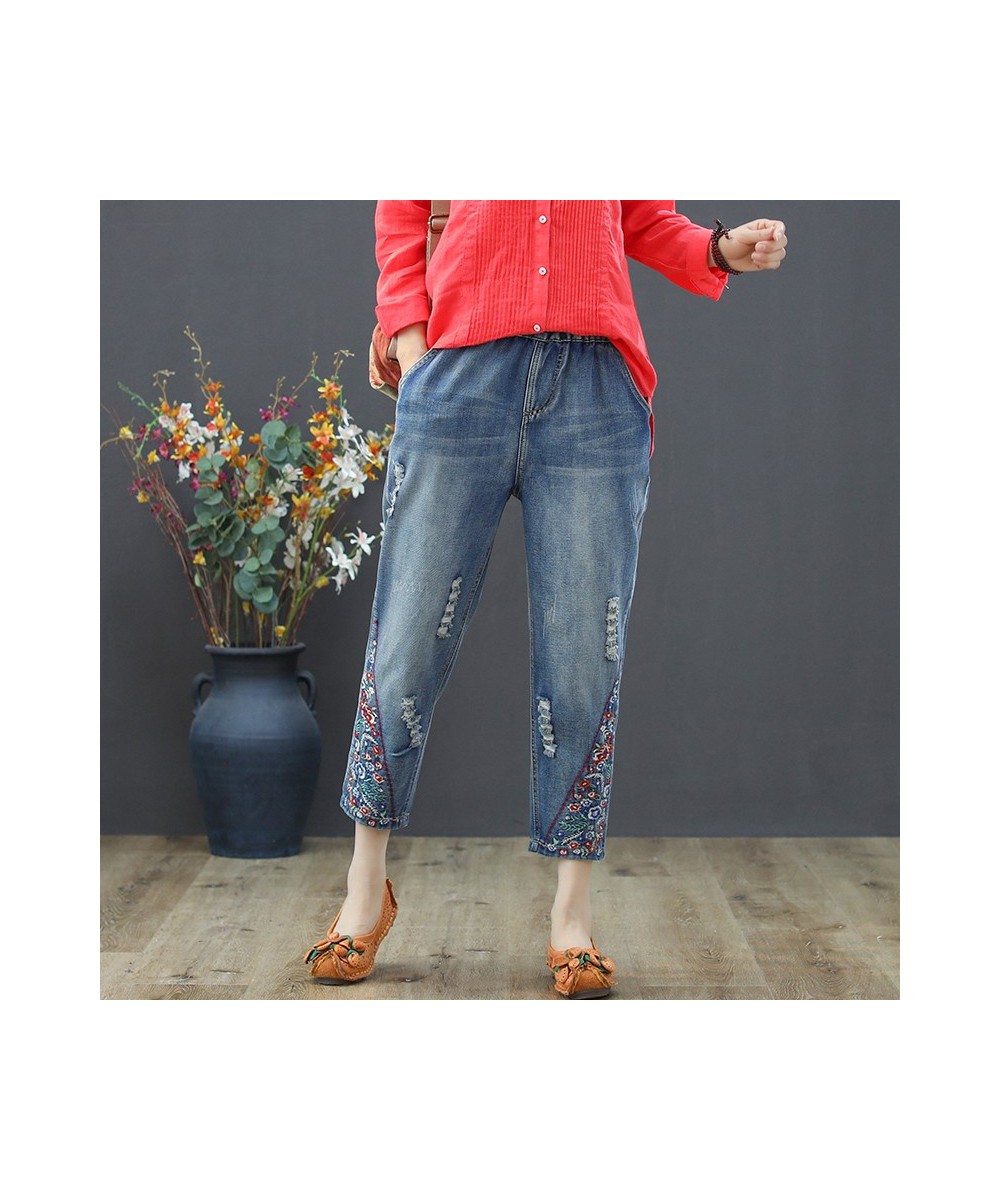 Vintage Floral Embroidered Ripped Jeans For Women High Waist Jeans Female Loose Denim Pants Capris Vaqueros Mujer $61.77 - Jeans