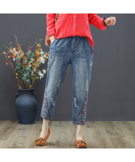 Vintage Floral Embroidered Ripped Jeans For Women High Waist Jeans Female Loose Denim Pants Capris Vaqueros Mujer $61.77 - Jeans