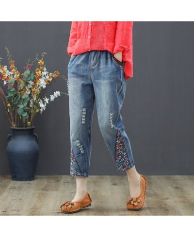 Vintage Floral Embroidered Ripped Jeans For Women High Waist Jeans Female Loose Denim Pants Capris Vaqueros Mujer $61.77 - Jeans