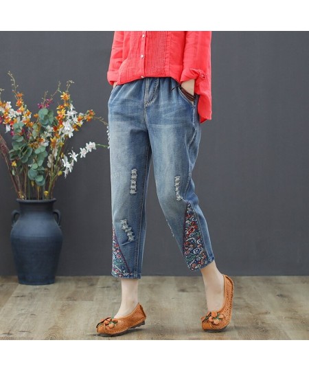 Vintage Floral Embroidered Ripped Jeans For Women High Waist Jeans Female Loose Denim Pants Capris Vaqueros Mujer $61.77 - Jeans