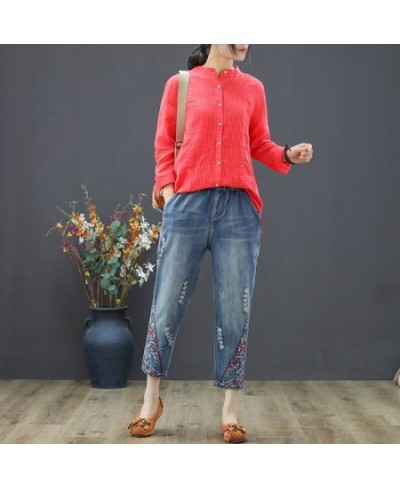 Vintage Floral Embroidered Ripped Jeans For Women High Waist Jeans Female Loose Denim Pants Capris Vaqueros Mujer $61.77 - Jeans