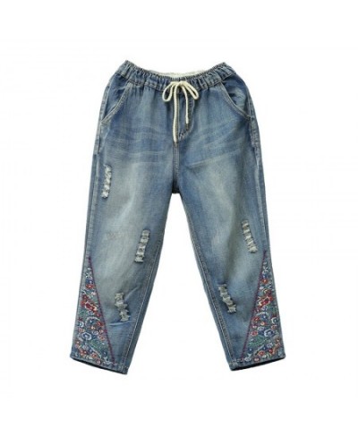 Vintage Floral Embroidered Ripped Jeans For Women High Waist Jeans Female Loose Denim Pants Capris Vaqueros Mujer $61.77 - Jeans