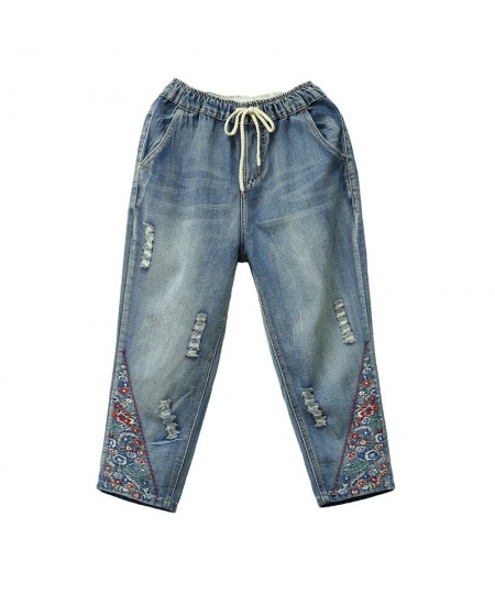 Vintage Floral Embroidered Ripped Jeans For Women High Waist Jeans Female Loose Denim Pants Capris Vaqueros Mujer $61.77 - Jeans