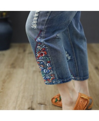 Vintage Floral Embroidered Ripped Jeans For Women High Waist Jeans Female Loose Denim Pants Capris Vaqueros Mujer $61.77 - Jeans