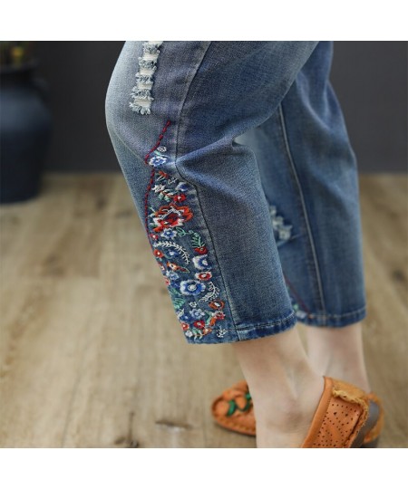 Vintage Floral Embroidered Ripped Jeans For Women High Waist Jeans Female Loose Denim Pants Capris Vaqueros Mujer $61.77 - Jeans