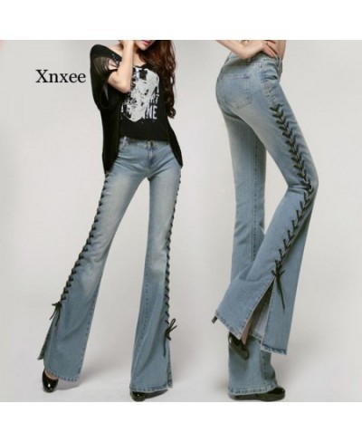 Women Lace Up Elastic Flare Jeans Trousers Spring Autumn Wide Leg Pants Fashion Slim Sweet Bandage Bell Bottoms Elegant Pant ...