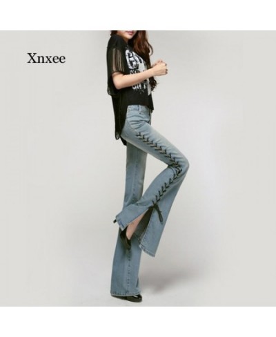 Women Lace Up Elastic Flare Jeans Trousers Spring Autumn Wide Leg Pants Fashion Slim Sweet Bandage Bell Bottoms Elegant Pant ...