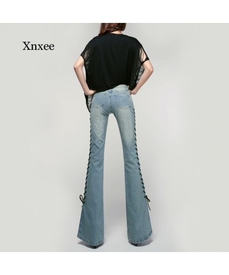 Women Lace Up Elastic Flare Jeans Trousers Spring Autumn Wide Leg Pants Fashion Slim Sweet Bandage Bell Bottoms Elegant Pant ...