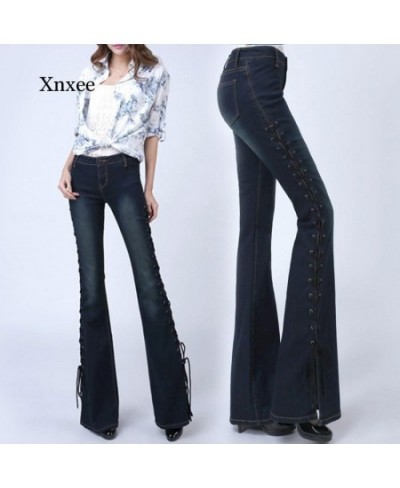 Women Lace Up Elastic Flare Jeans Trousers Spring Autumn Wide Leg Pants Fashion Slim Sweet Bandage Bell Bottoms Elegant Pant ...