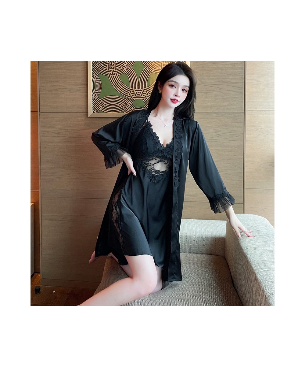 2022 Summer 2PCS Sexy Lace Lingerie Nightgowns Robes Sets for Women Korean Silk Satin Bathrobes Sleepwear Nightdress Night $4...