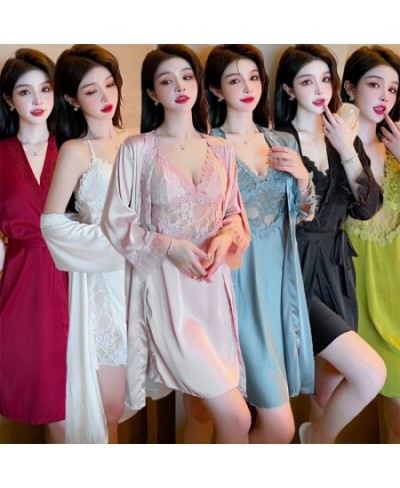 2022 Summer 2PCS Sexy Lace Lingerie Nightgowns Robes Sets for Women Korean Silk Satin Bathrobes Sleepwear Nightdress Night $4...