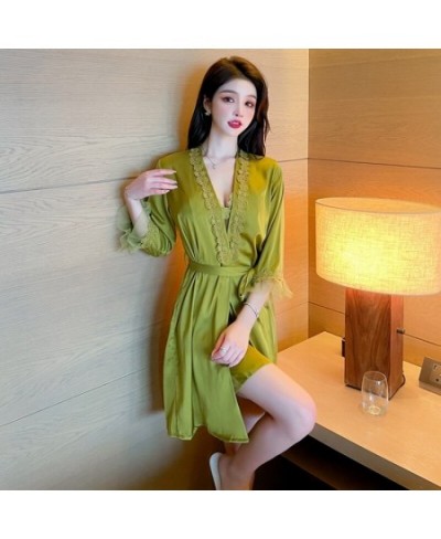 2022 Summer 2PCS Sexy Lace Lingerie Nightgowns Robes Sets for Women Korean Silk Satin Bathrobes Sleepwear Nightdress Night $4...