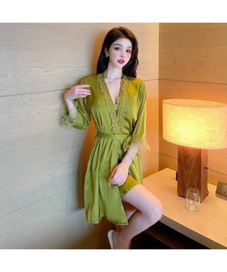 2022 Summer 2PCS Sexy Lace Lingerie Nightgowns Robes Sets for Women Korean Silk Satin Bathrobes Sleepwear Nightdress Night $4...