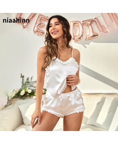 Women Satin Pajamas Set Sexy Spaghetti Straps Splicing V Neck Silk Night Shirt Female Casual Comfortable Solid Home Clothes N...