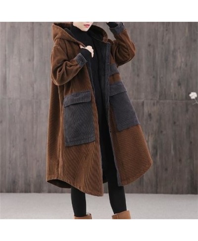 Fashion Corduroy Jacket Big Pocket Plus Cotton Thick Hooded Padded Coat Women's Autumn Winter Loose Casual Long Cloak Parka $...