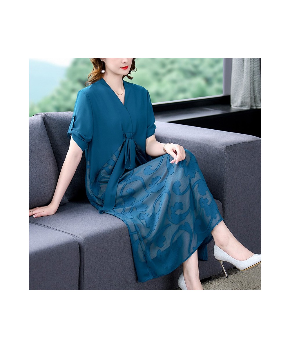 2023 Blue Print Chiffon V-Neck Sexy Jacquard Midi Dress Women Korean Elegant Bodycon Casual Dress Summer Fashion Evening $56....