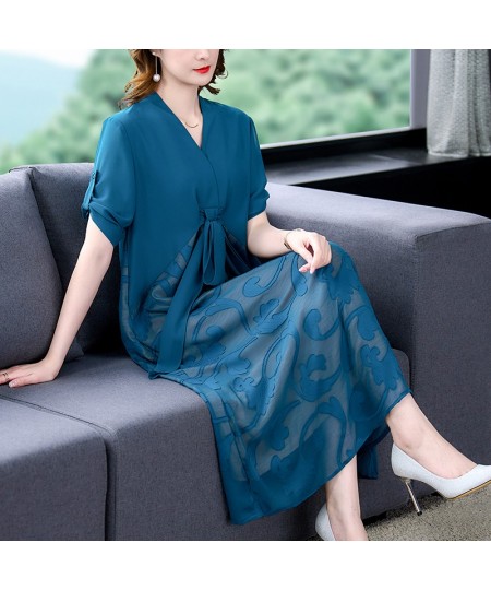 2023 Blue Print Chiffon V-Neck Sexy Jacquard Midi Dress Women Korean Elegant Bodycon Casual Dress Summer Fashion Evening $56....