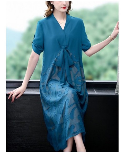 2023 Blue Print Chiffon V-Neck Sexy Jacquard Midi Dress Women Korean Elegant Bodycon Casual Dress Summer Fashion Evening $56....