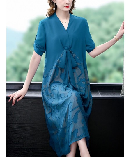 2023 Blue Print Chiffon V-Neck Sexy Jacquard Midi Dress Women Korean Elegant Bodycon Casual Dress Summer Fashion Evening $56....