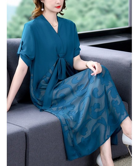 2023 Blue Print Chiffon V-Neck Sexy Jacquard Midi Dress Women Korean Elegant Bodycon Casual Dress Summer Fashion Evening $56....