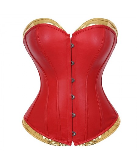 Women's Leather Corset Fashion Sexy Overbust Bustier Steampunk Woman Red Faux Leather Lace Up Corset Burlesque Costume Plus $...