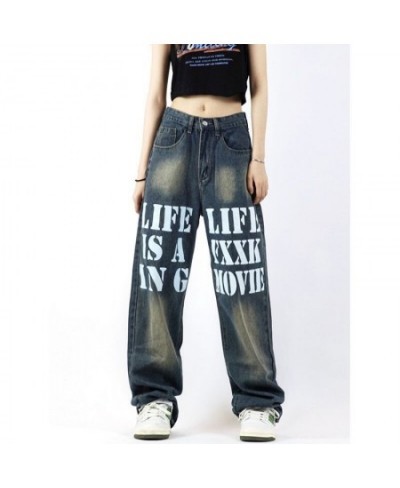 American Street Hot Stamping Jeans Woman Letter Contrast Jeans Ins High Street Design Women's Loose Straight Mopping Pants $5...