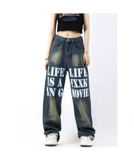 American Street Hot Stamping Jeans Woman Letter Contrast Jeans Ins High Street Design Women's Loose Straight Mopping Pants $5...