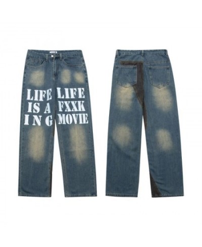 American Street Hot Stamping Jeans Woman Letter Contrast Jeans Ins High Street Design Women's Loose Straight Mopping Pants $5...