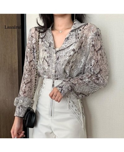 Korean Fashion Long Sleeve Button Shirt For Women Spring Autumn Snake Print Sequin Blouse Glitter Ladies Tops $45.21 - Blouse...