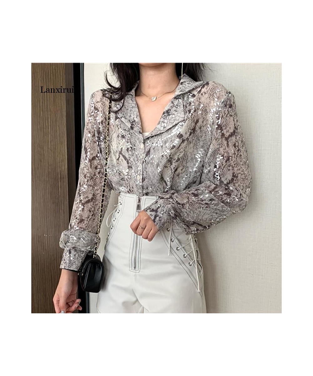 Korean Fashion Long Sleeve Button Shirt For Women Spring Autumn Snake Print Sequin Blouse Glitter Ladies Tops $45.21 - Blouse...