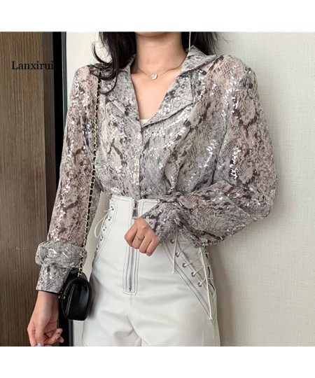 Korean Fashion Long Sleeve Button Shirt For Women Spring Autumn Snake Print Sequin Blouse Glitter Ladies Tops $45.21 - Blouse...