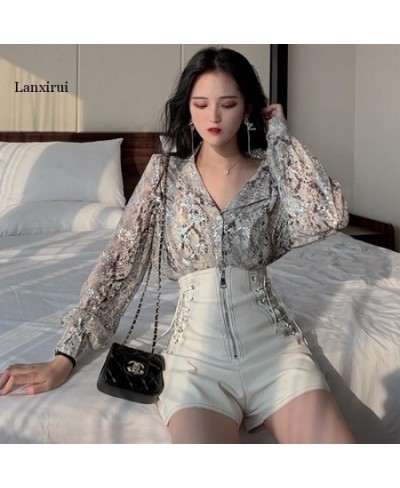 Korean Fashion Long Sleeve Button Shirt For Women Spring Autumn Snake Print Sequin Blouse Glitter Ladies Tops $45.21 - Blouse...