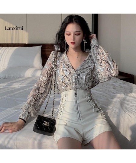 Korean Fashion Long Sleeve Button Shirt For Women Spring Autumn Snake Print Sequin Blouse Glitter Ladies Tops $45.21 - Blouse...