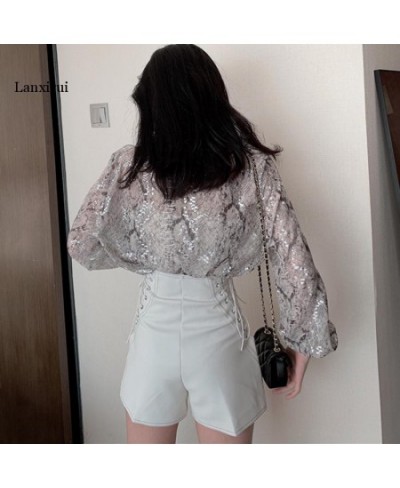 Korean Fashion Long Sleeve Button Shirt For Women Spring Autumn Snake Print Sequin Blouse Glitter Ladies Tops $45.21 - Blouse...