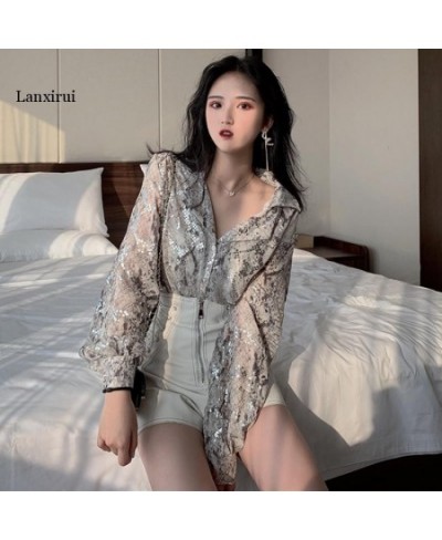 Korean Fashion Long Sleeve Button Shirt For Women Spring Autumn Snake Print Sequin Blouse Glitter Ladies Tops $45.21 - Blouse...