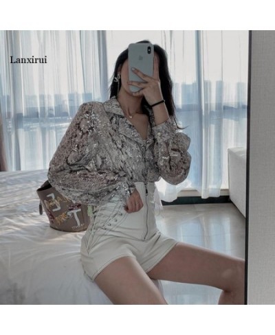 Korean Fashion Long Sleeve Button Shirt For Women Spring Autumn Snake Print Sequin Blouse Glitter Ladies Tops $45.21 - Blouse...