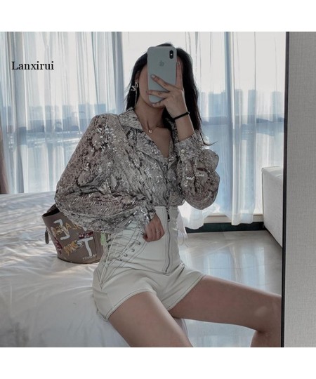 Korean Fashion Long Sleeve Button Shirt For Women Spring Autumn Snake Print Sequin Blouse Glitter Ladies Tops $45.21 - Blouse...