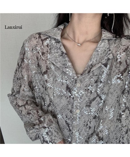 Korean Fashion Long Sleeve Button Shirt For Women Spring Autumn Snake Print Sequin Blouse Glitter Ladies Tops $45.21 - Blouse...