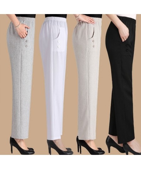 Middle Aged Female Pants Spring Summer Loose Mother Cotton Linen Straight Pant Women Elastic High Waist Thin Trousers 5XL W22...