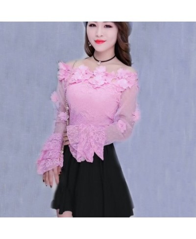 2023 Spring Summer Women Blouse Sweet Hollow Out Floral Lace Shirt Female Flare Sleeve Slash Neck Mesh Blouses Short Tops AB8...