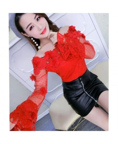 2023 Spring Summer Women Blouse Sweet Hollow Out Floral Lace Shirt Female Flare Sleeve Slash Neck Mesh Blouses Short Tops AB8...