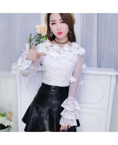 2023 Spring Summer Women Blouse Sweet Hollow Out Floral Lace Shirt Female Flare Sleeve Slash Neck Mesh Blouses Short Tops AB8...