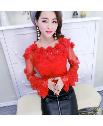 2023 Spring Summer Women Blouse Sweet Hollow Out Floral Lace Shirt Female Flare Sleeve Slash Neck Mesh Blouses Short Tops AB8...