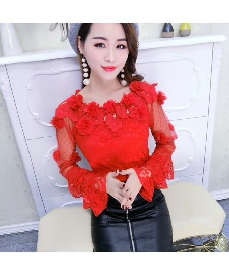 2023 Spring Summer Women Blouse Sweet Hollow Out Floral Lace Shirt Female Flare Sleeve Slash Neck Mesh Blouses Short Tops AB8...