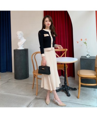 Women Knitted Two Piece Set Single Breasted Button O Neck Cardigan High Waist Skirt Korean Fashion Sweater Suit $44.84 - Suit...