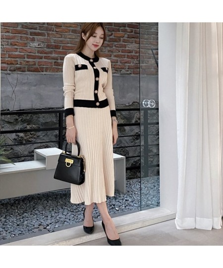 Women Knitted Two Piece Set Single Breasted Button O Neck Cardigan High Waist Skirt Korean Fashion Sweater Suit $44.84 - Suit...