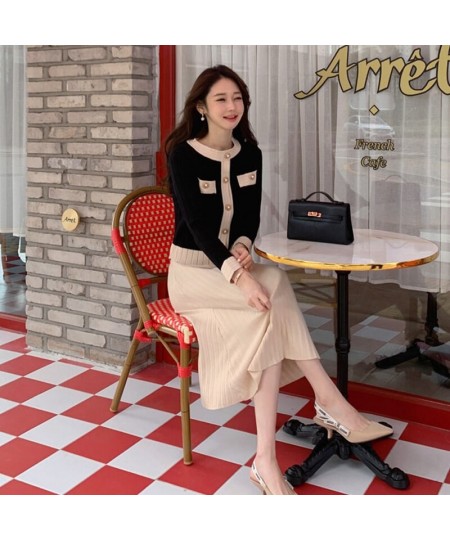 Women Knitted Two Piece Set Single Breasted Button O Neck Cardigan High Waist Skirt Korean Fashion Sweater Suit $44.84 - Suit...