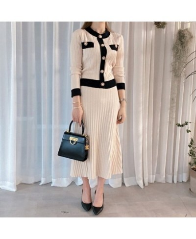 Women Knitted Two Piece Set Single Breasted Button O Neck Cardigan High Waist Skirt Korean Fashion Sweater Suit $44.84 - Suit...