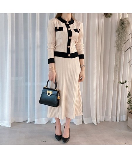 Women Knitted Two Piece Set Single Breasted Button O Neck Cardigan High Waist Skirt Korean Fashion Sweater Suit $44.84 - Suit...